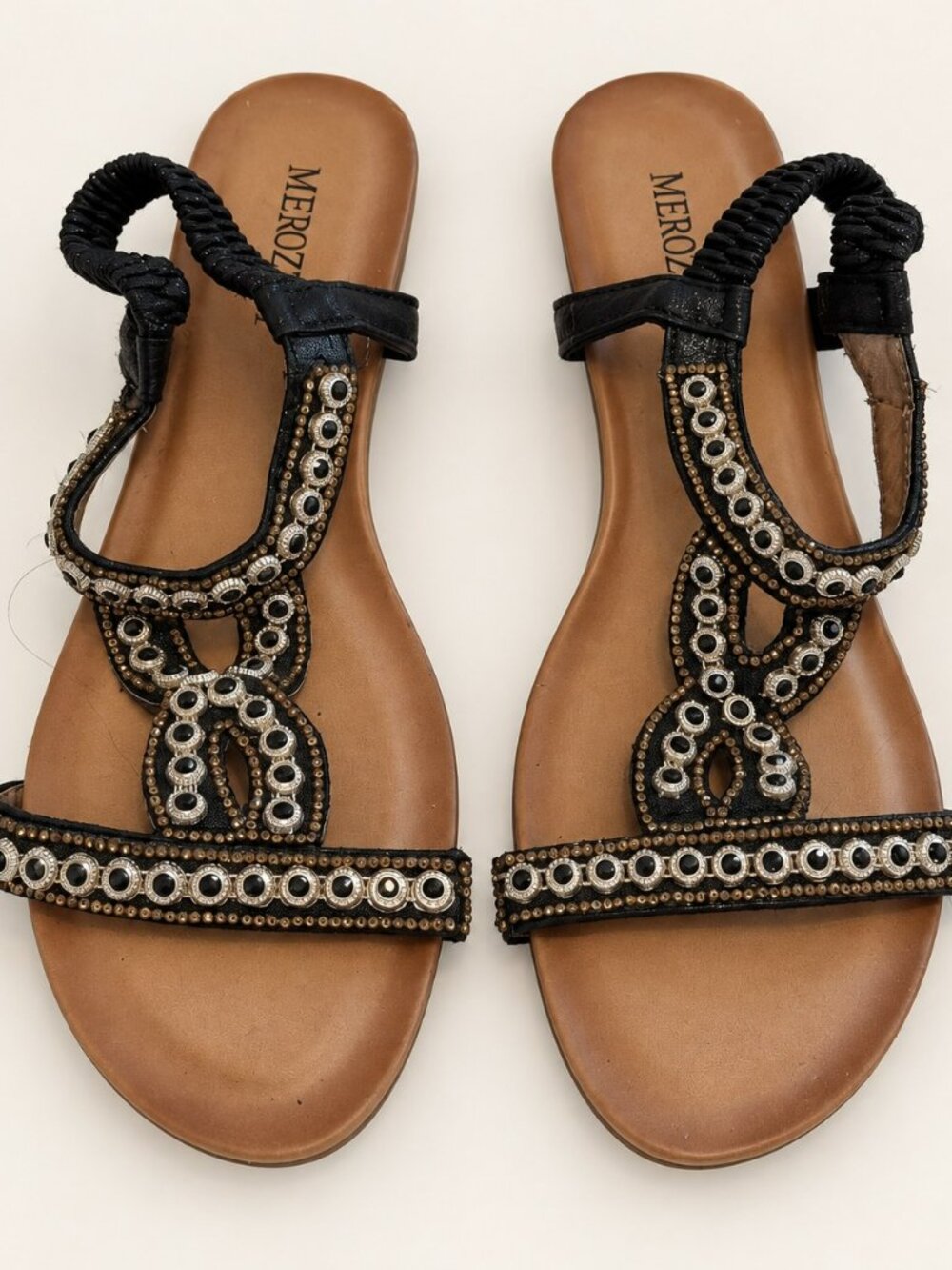 Merozzi Black Metallic Embellished Strappy Flat Sandals